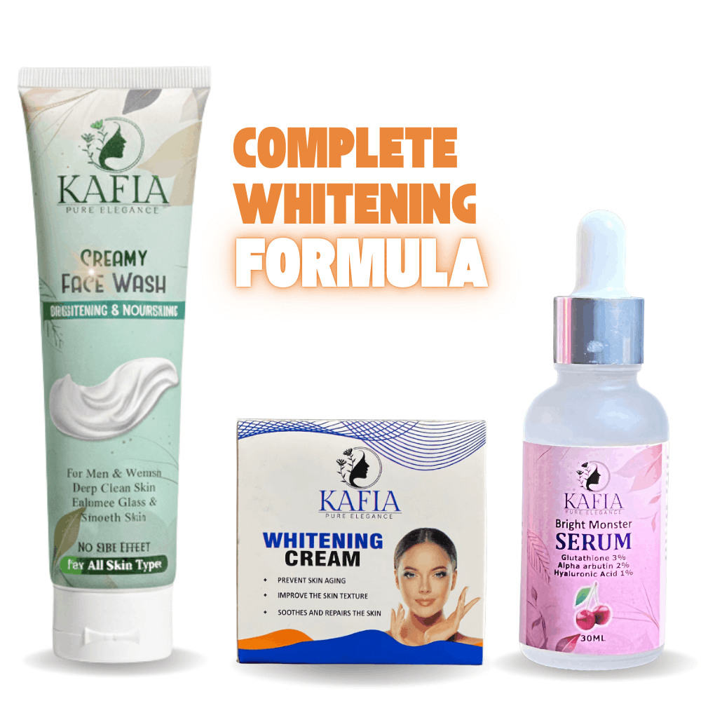Get Everything You Need for Bright, Glowing Skin! The Kafia Whitening Kit includes our complete 3-step system: Face Wash, Serum, and Cream. Together, they cleanse, treat, and protect your skin for maximum brightening results. Save money and get faster, better results with this complete skincare package!
